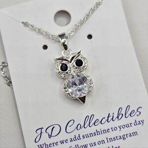 Swarovski Crystal Elements Silver Owl Necklace 16 - 18 inch Black Clear
